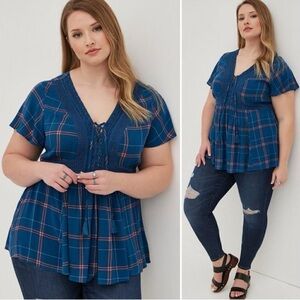 Torrid Blue Plaid Lace-Up Blouse